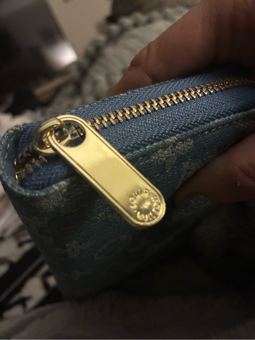 Blue Denim Monogram Zip Wallet with Gold-Tone Pull LV - Picture 7 of 8